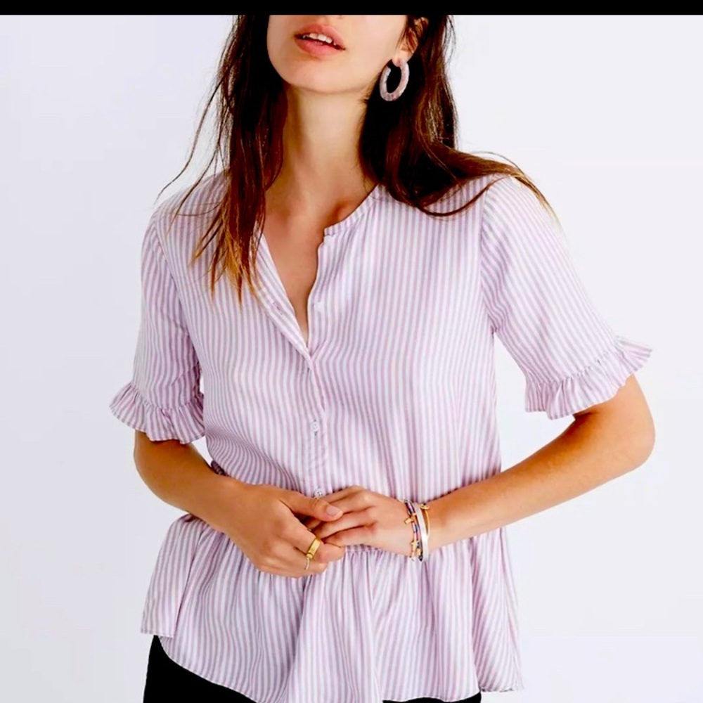 Madewell lavender and white striped ruffle hem peplum blouse